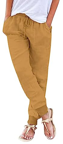 Nuoke Sommerhose Damen Leicht,Leinenhose Damen Sommerhose Leicht Sommer Stoffhose Freizeithose Strandhose Einfarbig Locker Bequeme Chino Musselin Hose (D-Yellow, L)