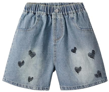 Rolanko Mädchen Jeans Shorts, Elastischer Bund Sommer Zerrissen Heiße Kurze Jeans mit Taschen für Kinder, Stickerei Herz, Größe: 11-12 Jahre, 160