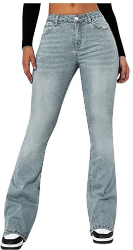Générique Jean Évasé Taille Haute en Stretch pour Femme - Jeans Femme Taille Elastique Slim - Vintage Jeans Confortable Délavé avec Poches Bas Amincissants Pantalon Évasé Et Cintré