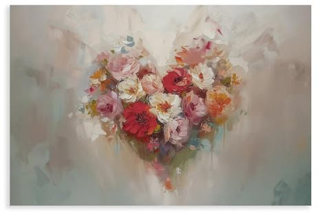 FUPMTKLT Valentinstags-Blumenstrauß in Herzform, bunte Blumen, romantisch, Leinwand-Poster, Wandkunstdruck, Bild, Gemälde, 20 x 30 cm