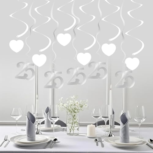 LUMOOM 24 Stück Deko Silberhochzeit, Jubiläumsdekoration, 25 Jubiläum Hängedeko, Silber Wirbel und Herz Girlande, Hochzeitsdeko, für Silberne Hochzeit Jahrestag Valentinstag Geburtstage