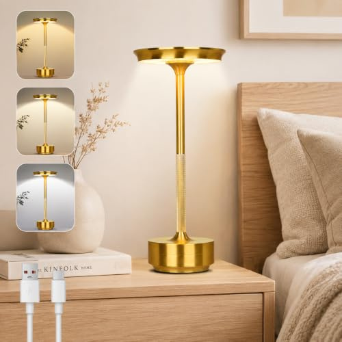 Rosnek Tischlampe Kabellose LED, 3 Farbtemperaturen Stufenlos Dimmbare Akku Tischleuchte, Touch Lampe mit USB-C, Gold Stylische Tischlampe Akku für Innen & Außenbereich, Metall Tischleuchte