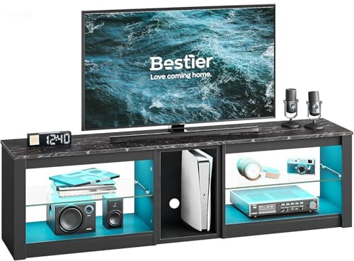 Bestier Mueble para TV de 65 pulgadas y más pequeños, 160 x 35 x 52 cm, mueble de TV con luces LED RGB, mesa de televisión con gestión de cables integrada, bandeja de cristal ajustable