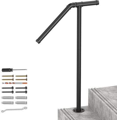LIANTRAL Adjustable Outdoor Handrails for Stairs, Single Post Stair Railing, Wrought Iron Hand Rails Stairs for Outdoor Steps Fit 1-2 Steps, Stair Railing Handrail, Black