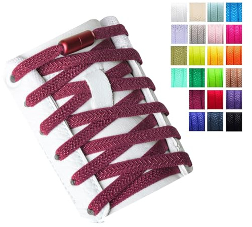 Olukssck 2 Paires Élastiques Lacets Plats avec Fermeture en Métal, Élastiques sans Nœuds Cravate Lacets pour Enfants et Adultes, Lacets de Sport de Chaussures pour Toutes Les Chaussures, Bordeaux