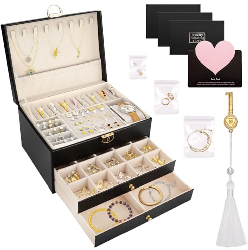 ZUSUZU Boîte à Bijoux,Coffre à Bijoux,3 Niveaux Rangement Bijoux Verrouillable avec Clef,Boite a Bijoux en Cuir Imperméable,pour Ranger Bagues/Boucles D'oreilles/Colliers