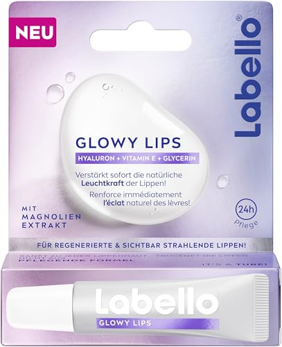 Labello Glowy Lips – Ultra leichte Lippenpflege für 24h Feuchtigkeit und Pflege, regenerierender Lipgloss mit Hyaluron, Vitamin E und Magnolien-Extrakt für gepflegte und strahlende Lippen (10 ml)