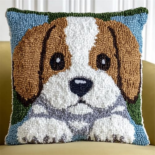 AxiangziK Tier Hund DIY Knüpfkissen Set erwachsene,Süßer Beagle,knüpfkissen set,Knüpfkissen,Überwurfkissen,Matte,Stickerei-Bastelsets für Anfänger Heimdekoration,17x17in