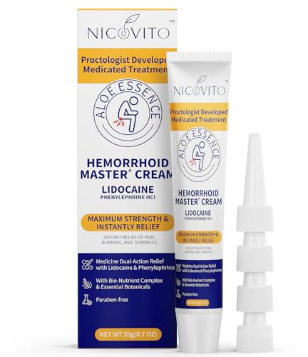 NICOVITO Hemorrhoid & Fissure Treatment Cream, 4% Lidocaine & Phenylephrine HCl Ointment, Maximum Strength Fast Relief for Pain, Itching & Swelling, External Use (0.7 oz)