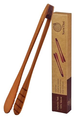 Teak Wood Toast Tongs – 12 Inches Long Wooden Toaster Tongs with Anti-Slip Design for Bread, Meat, and Pasta