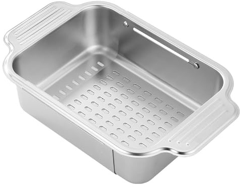 Ruiqas Over The Sink Colander Strainer Basket, 201 Stainless Steel Extendable Over The Sink Colander Strainer Basket, with Rolled Edge Double Handles, for Rinsing Vegetables and Fruit, Drying Dishes