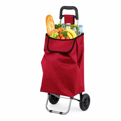 Carrellino Con Ruote Porta Tutto, Leggero – Carrellino Spesa con Ruote in EVA Ø16,5 cm, Struttura in Acciaio, Borsa 33L in Poliestere, Manico Ergonomico – Spesa Facile e Senza Sforzo (Rosso)