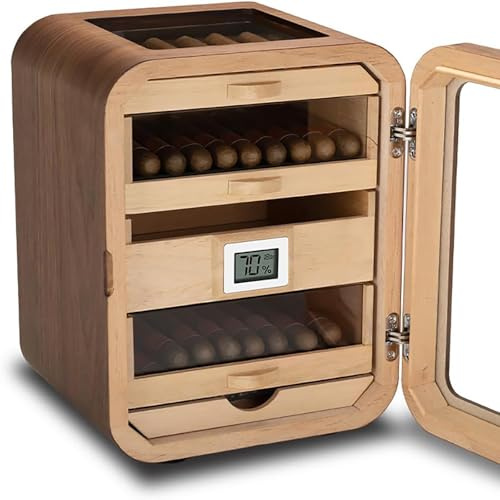 Caja de almacenamiento para puros con higrómetro y humidificador, madera de nogal con tapa de cristal, diseño de 4 cajones, capacidad para aproximadamente 110 puros para una conservación organizada