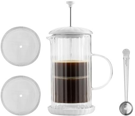 Price & Kensington Luxe French Press White Cafetiere 1 Litre (up to 4 small cups) Double Wall Glass Coffee Maker with Stainless Steel Plunger Filter, Ceramic Coaster