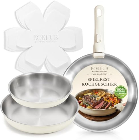KOKHUB Pfannenset mit abnehmbarem Griff 7-Teilig, Edelstahl Pfanne | 20/26/30 cm, 3-Schicht-Material Bratpfannen Induktion unbeschichtet, Platzsparend, PFOA- & PFAS-frei, Backofenfest, Beige