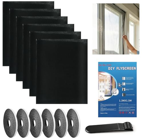 6 Stück Fliegengitter Fenster,130x150cm,Klettband,ohne Bohren | Insektenschutz für Fenster selbst zuschneidbar,oskitonetze für Fenster schützen die Familie vor Insekten,Schwarz
