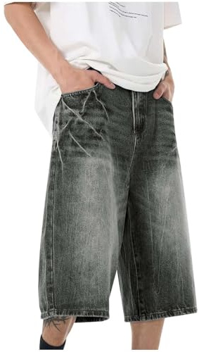 Jeans da uomo a 3/4, pantaloni corti, estivi, casual, bermuda, elasticizzati, Y2K, streetwear, vestibilità larga, per il tempo libero, Y2K, estivi, lunghezza al ginocchio