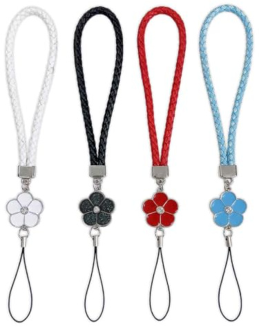 4 Stück Handykette Kurz mit Blumen-Anhänger, Universal Handy Kette Handgelenk aus Nylon, Verdickte Handyanhänger Schlaufe für Smartphone, Handyband mit Metallverschluss, Schwarz Weiß Rot Blau