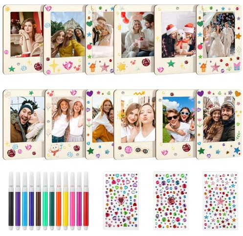 Zamety 12 Stück Magnet Bilderrahmen Holz, Bilderrahmen Zum Bemalen 3-Zoll | Magnetische Bemale Holzbilderrahmen mit 3 Sorten Glitzersteine Sticker 12 Aquarellpinsel, DIY Bastelsets für Kühlschrank