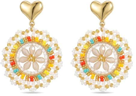 XFSRG Boucles D'oreilles Femme Goutte Boho Pendantes Ronde Perles Tissage en Cristal Fantaisie Boucles 'oreilles Goutte D'eau Bijoux Femme Fille Boheme Chic Pendantes (Coloré)