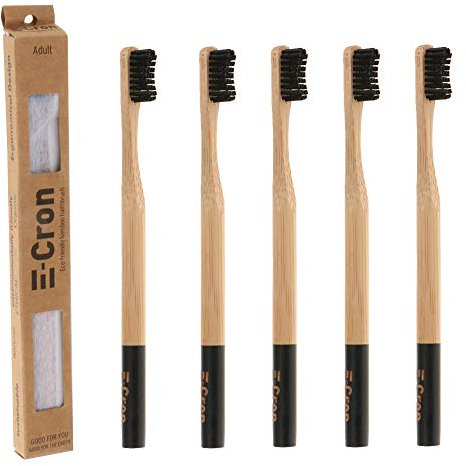 5 x Cepillo de dientes de bambú E-Cron con un mango respetuoso con el medio ambiente (Negro), 100% ecológico y biodegradable. Su cuidado dental natural con el toque cálido y limpio del bambú.