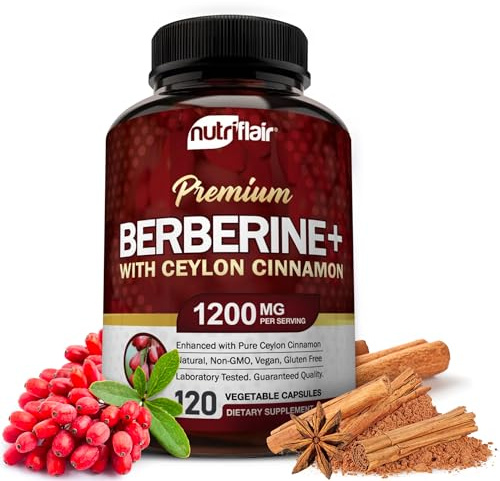 NutriFlair Premium Berberine HCL 1200mg, 120 Capsules - Plus Pure True Ceylon Cinnamon, Berberine HCI Root Supplements Pills - Immune System - Made in USA