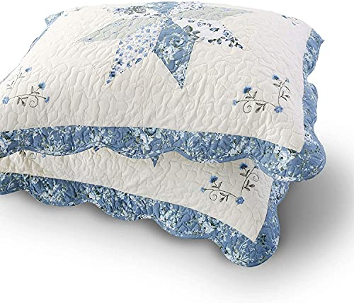 KASENTEX Farmhouse Floral Design Pillow Covers Colorful Shabby Flowers Print Pillowcases, Cotton Fabric, Set of 2 King Patchwork Pillow Shams(Blue, 20x36in)