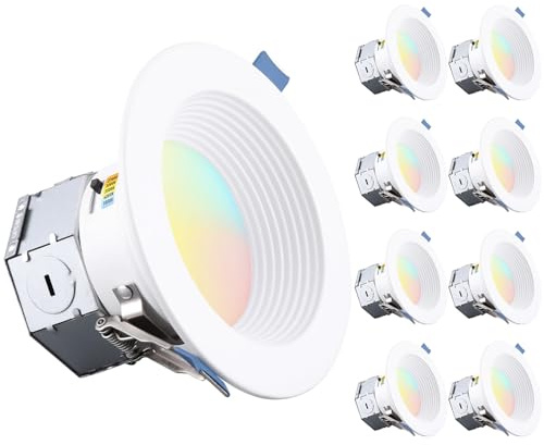 TORCHSTAR 8-Pack 5CCT 4 Inch LED Integrated Canless LED Recessed Lighting with J-Box, Anti-Glare Deep Baffle, CRI90 Dimmable Ceiling Downlight, ETL Air Tight IC Rated, 2700K3000K3500K4000K5000K