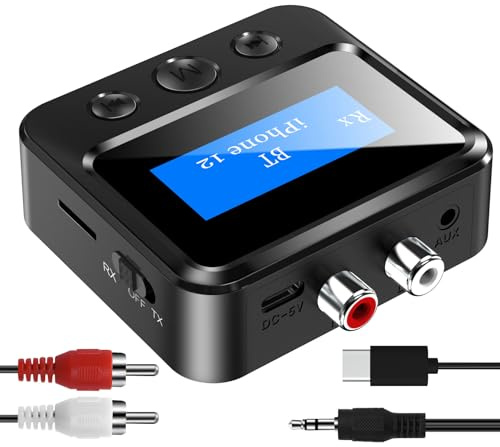 Bluetooth Transmitter Receiver for TV, with RCA 3.5mm AUX & Display Audio Adapter for Home Stereo, Bluetooth Transmitter for Headphones/Speakers/Airplane/Home Theater/PC/Car, TF Card Output
