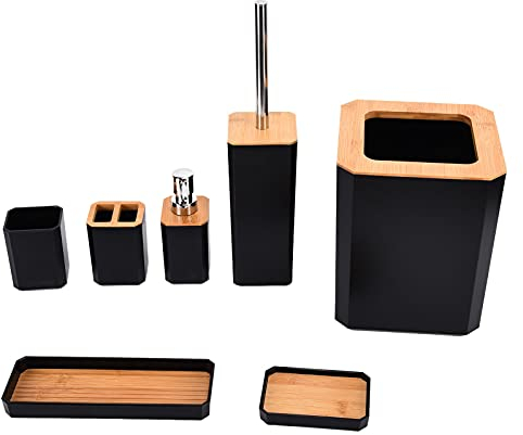 Juego de Accesorios de BañO de Bambú de 7 Piezas, Jabonera, Vaso para Cepillo de Dientes, Vaso Enjuague Bucal, Botella Lavamanos, Cubo de Basura, Escobilla de BañO, Bandeja, para Hogar, Viajes, Hotel