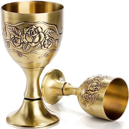 DEAYOU 2 Pack Vintage Chalice Goblet, Flower Embossed Gold Communion Cup, Food Safe Sturdy Brass Shot Glasses for Liquor, Ritual, Buddha, Weddings, Royal Medieval Decor, Blessings, 5 OZ/1 OZ