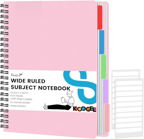 Koogel A4 Notebook with Dividers, Spiral 5 Sections 100 Sheets Perforated | 21.6x28cm, Perfect for Students & Teachers, Colour-Coded Sections for Subjects, Revision & Lesson Planning