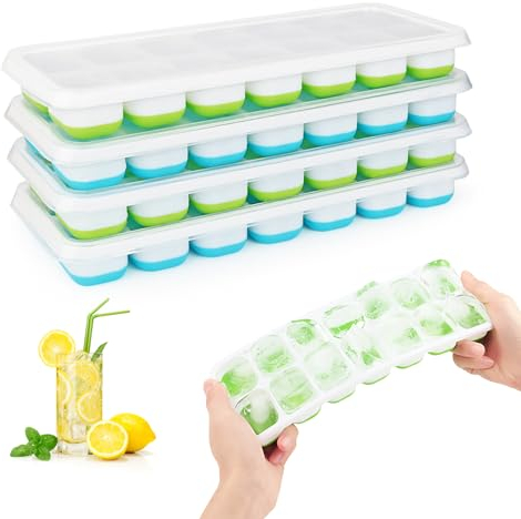 4 Pezzi Stampo Cubetti di Ghiaccio Con Coperchio, RISVOWO Formine Cubi Ghiaccio Riutilizzabili, Silicone Porta Ghiaccio, Certificato LFGB & BPA Free, Impilabile Forme Per Ghiaccio per Cocktail, Succo