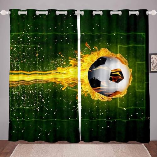 EXSANLIEAY Verdunklungsvorhänge FußBall, Vorhang Blickdicht Wiese Vorhänge mit öSen 2er Set für Schlafzimmer Kinderzimmer, Deko Gardinen Wohnzimmer-260 x 140 cm (H X B)