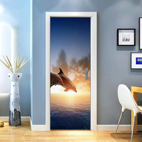 3D Türtapete Selbstklebend Meerestier-Delphin-Sonnenuntergang 95 X 215 Cm Diy Wandbild Pvc Wasserdicht Pvc Türtattoos Türposter Türaufkleber Fototapete Türfolie Für Tür,Wohnzimmer,Schlafzi -9R9C1N9D8H