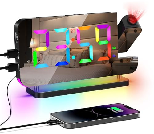 Meichoon Digital projektion väckarklocka FM radiospegel RGB färgglad skärm 6 ljusstyrkenivåer USB-laddare snooze-funktion 180° roterbar projektion AE24 svart