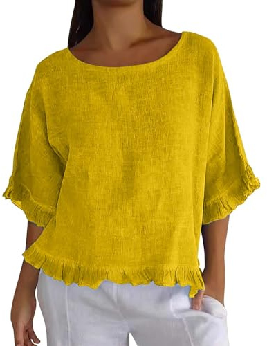 Camisas de lino para mujer, estilo casual, manga 3/4 con volantes, cuello barco, blusas básicas de moda, amarillo, XL