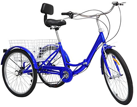 MINUS ONE 24 Zoll Faltbar Dreirad für Erwachsene, 7 Gang Lastenfahrrad 3 Räder Seniorenfahrrad Frauen für Outdoor-Aktivitäten, City Einkauffahrrad Bike Fahrrad mit Einkaufskorb Cargo-Bike Blau