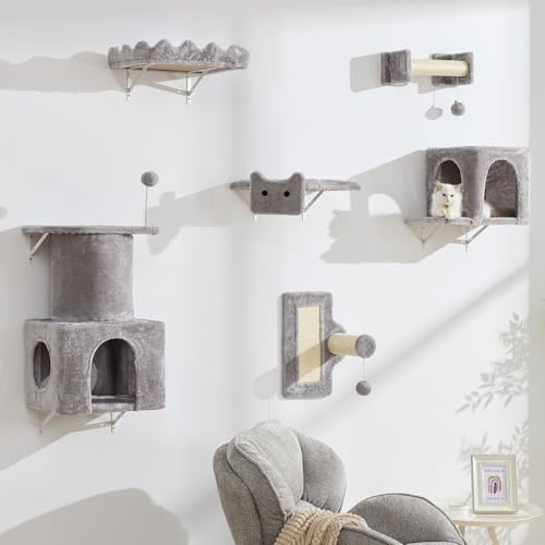 BYBYME Kratzbaum FüR Hauskatzen, 6PCS Hohe Katzen-Wandregale Mit KratzbäUmen, Betten, Brettern Und Spielzeug, Mehrstufiges KlettermöBel FüR KäTzchen, Stabile Basis FüR GroßE Katzen (Hellgrau)
