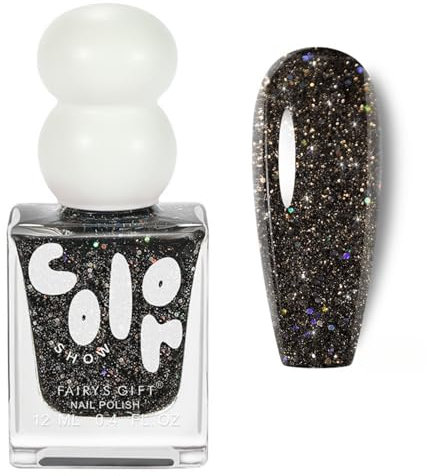 glitter Black nail Polish, Quick Dry Sparkle Shiny Varnish, Glossy Flash Reflective Long-lasting Sequins Nail Art-12ML