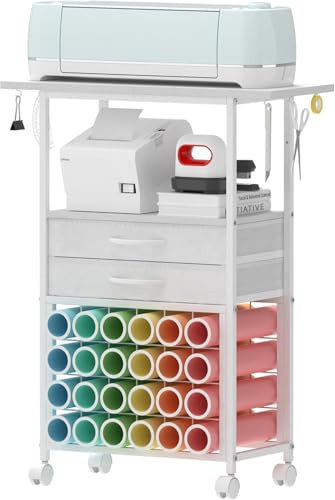 Trironsun Organization Craft Cart - Organizador de 24 rollos de papel de vinilo - 2 cajones de tela - para sala de bricolaje, sala de bricolaje, sala de bricolaje, color blanco