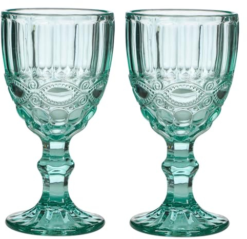 Dibor Set of 2 Wine Glasses Embossed 300ml Bevlled Glass Wine Goblets Wine Glass Set Alfresco Dining Glassware (CP49)