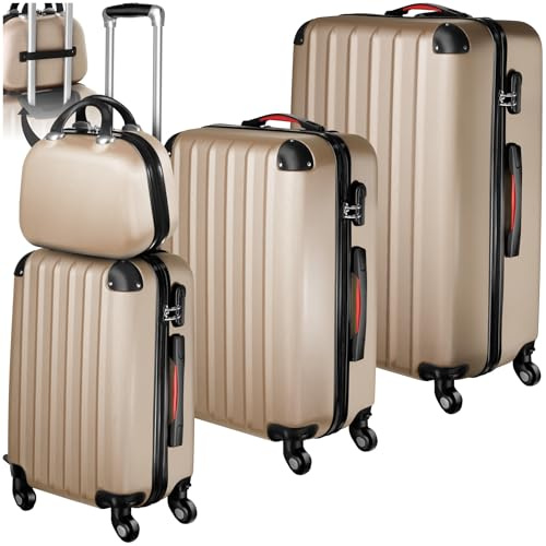 tectake® Set Valigie Pucci, Set di Valigie con Rotelle Girevoli a 360°, Beauty Case Incluso, Trolley da Viaggio, Serratura di Sicurezza, Adatto per Tutti i Tipi di Viaggi - Champagne
