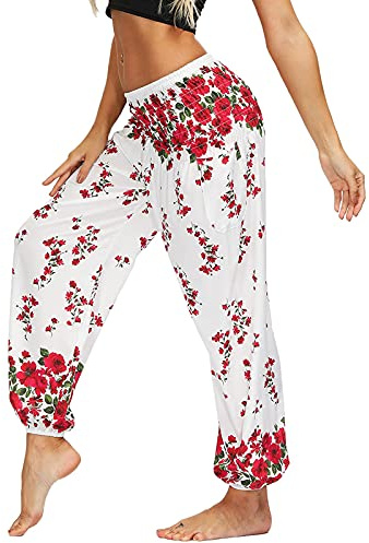 Nuofengkudu Mujer Yoga Pantalones Cintura Alta con Bolsillos Harem Hippies Baggy Tailandeses Estampado Verano Elastica Pilates Pantalon Pants Casual(Y-Blanco Floral,Talla única)