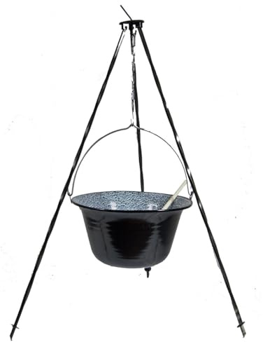 troph-e-shop 14 Liter Suppentopf Emaille + Dreibein 1,0 m + Kochlöffel Suppenkessel Hordentopf Feuertopf Gulaschtopf
