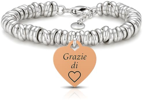 SAGA GIOIELLI® BRACCIALE NODINI INTRECCIATO DONNA FRASI PENSIERI PAROLE EMOZIONALE INCISIONE CUORE (Grazie di cuore)