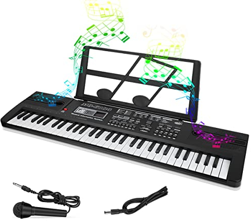 Digital Keyboard Kinder, Ideales Einsteiger-Keyboard mit 61 Tasten & zahlreichen Instrumentenklängen, Portables Keyboard zum Lernen für Anfänger mit Ständer & Mikrofon, Jungen