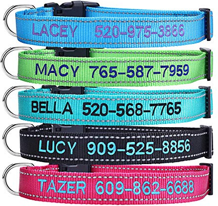 TaiHong Hundehalsband, personalisierbar, bestickt, Haustiername und Telefonnummer, 4 verstellbare Größen, Schnellverschluss-Schnalle und D-Ring (massiv)