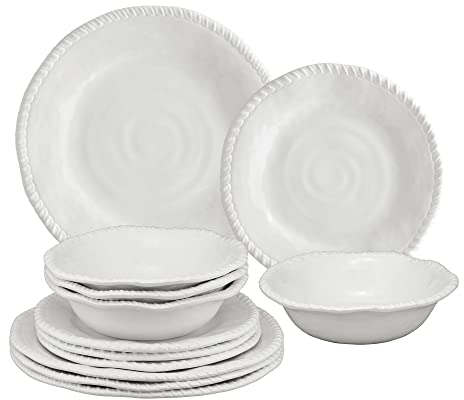 UP ware - Juego de vajilla de melamina de 12 piezas, incluye platos llanos, platos de ensalada, cuencos, servicio para 4 (cuerda, blanco)