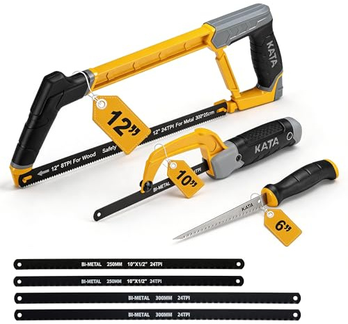 KATA Heavy Duty Hacksaw Frame Set, 12 Inch Hacksaw, 10 Inch Mini Hacksaw & 6 Inch Drywall Jab Saw, 4pc Extra Bi-Metal HSS Blades, 45°/90° Adjustable, Cutting Metal, Wood, PVC